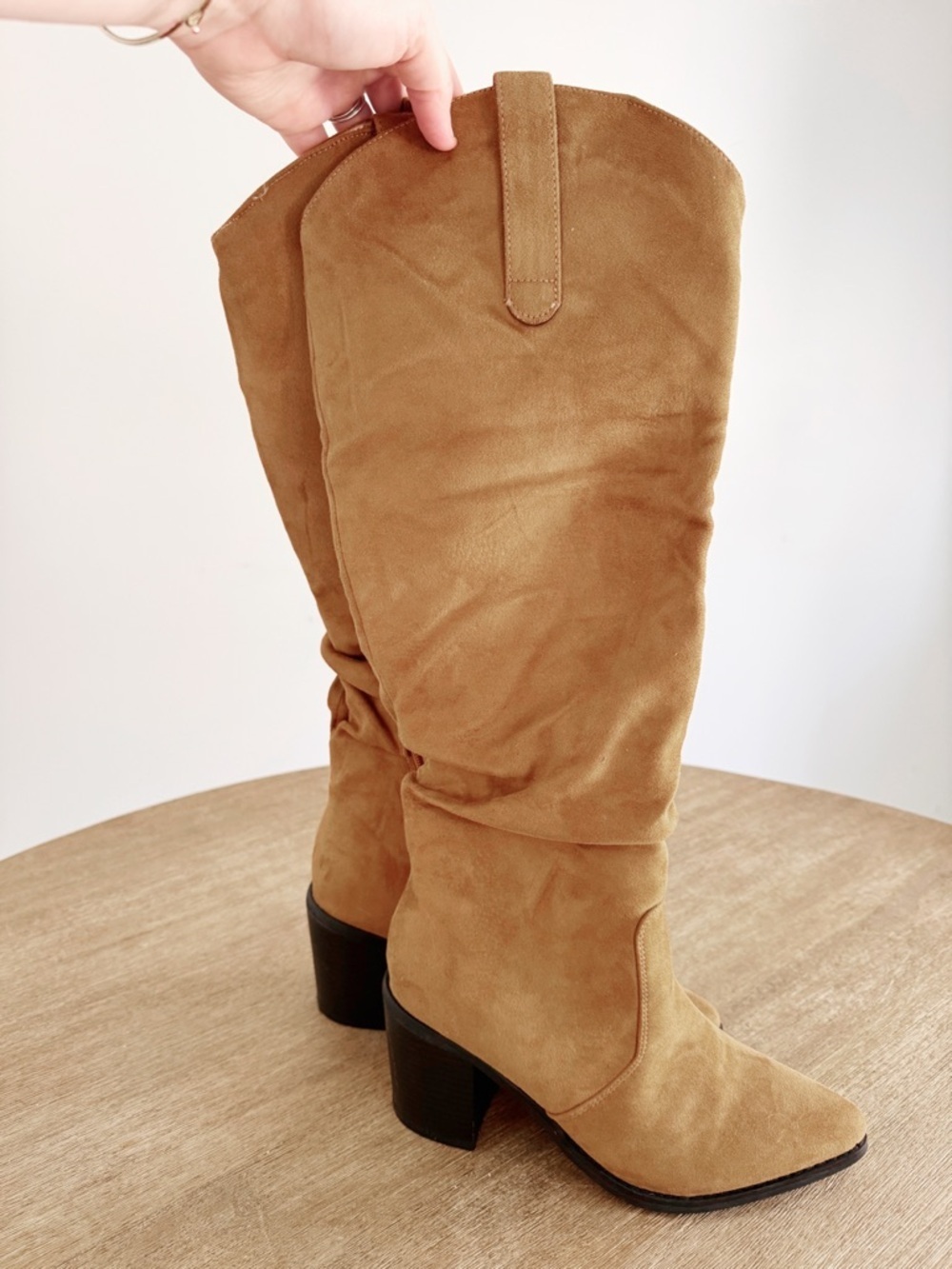 Tall Suede Slouch Knee-High Boots in Tan 6.5 - Picture 1 of 5